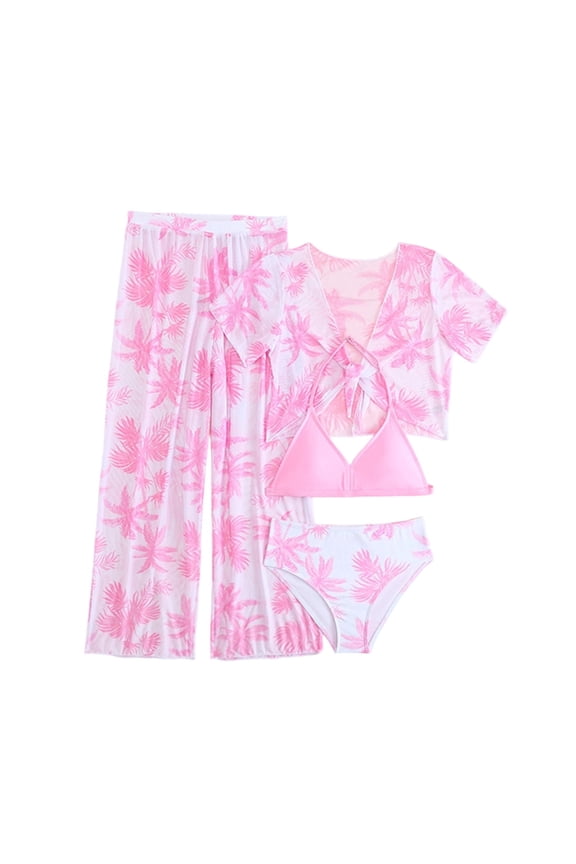 Girls Kids Girl's 4 Piece Tropical Tree Print Swimsuit And Coverup Pants Set Boho Swimwear Bathing Suit Pool With Cartoon / Flower Print Beachwear