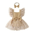 thumbnail image 1 of MEZZALL Girls Lace Fly Sleeve Romper Bodysuits Dress Headbands Set Stylish Sundress, Khaki, 12-18 Months, 1 of 7