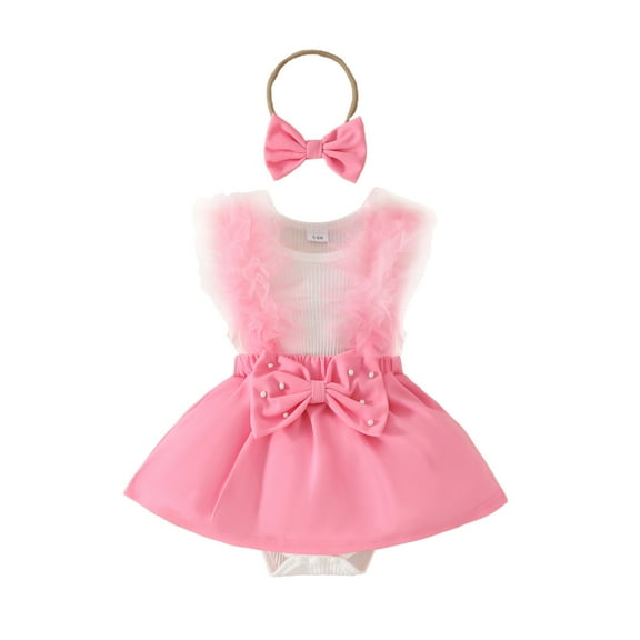 MEZZALL Girls Lace Sleeveless Romper Bodysuits Dress Headbands Set Comfort Sundress, Pink, 6-9 Months