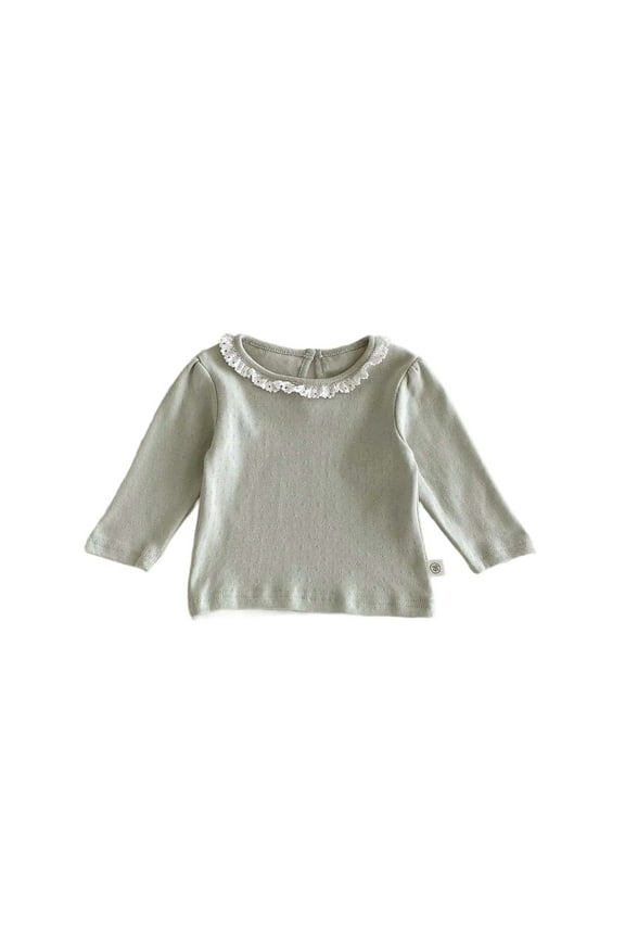Girls Lace Trimmed T-Shirt O-Neck A Base Layer Autumn Round Neck Long Sleeved Children Sheer Tops 0-2Y Lovely Toddler Dailywear