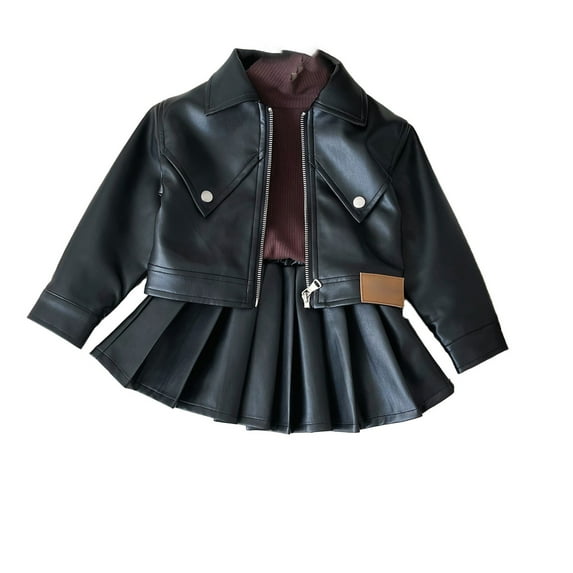 MEZZALL Girls Leather Coat Pleated Skirt 2025 Autumn New Fashion Cool Casual Jacket Children Motorcycle Clothing Cozy Toddler Dailywear, Black, 6-7 Years