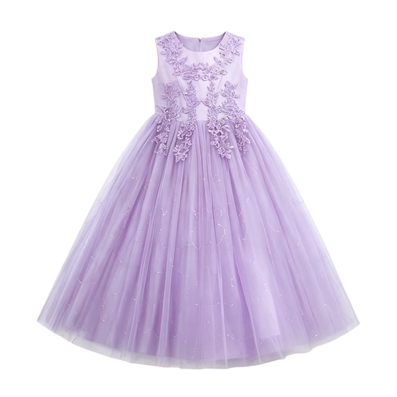 MEZZALL Girls Long Party Dress Classic Round Neck Sleeveless Design Floral Embroidery Layered Glitter Tulle Boho Dresses