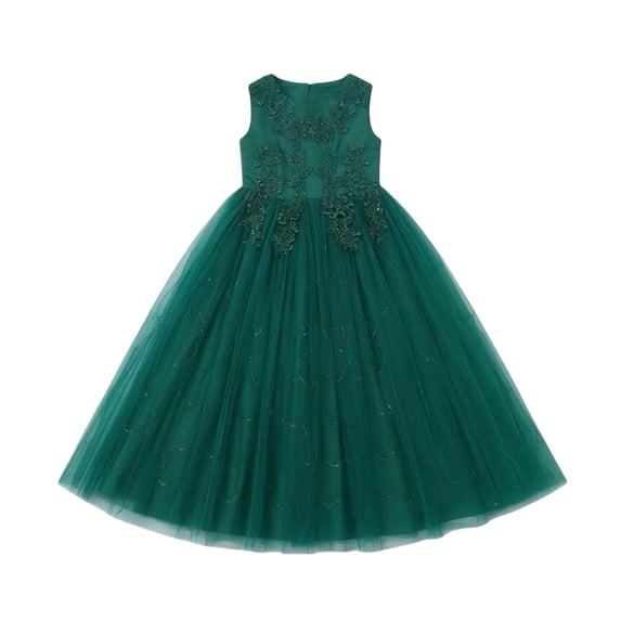 MEZZALL Girls Long Party Dress Classic Round Neck Sleeveless Design Floral Embroidery Layered Glitter Tulle Holiday Dresses