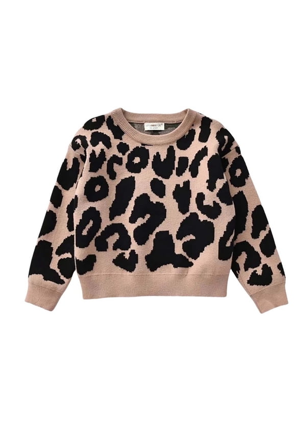 Girls Long Sleeve Round Neck Pullover Sweater Soft Knit Casual Warm Tops With Leopard Print Design For Everyday Wear Stylish Knitwear Child Dailywear