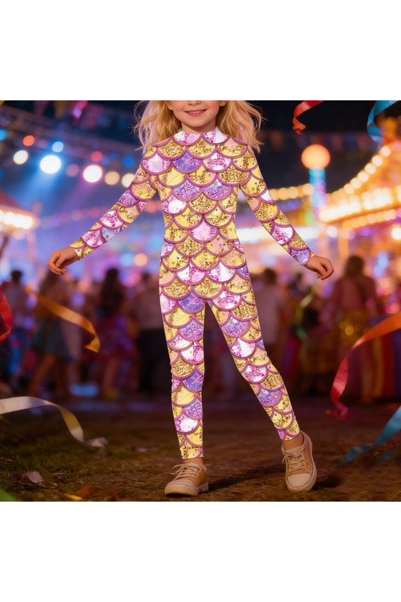 Girls Long Sleeve Sequin Scale Print Romper Jumpsuit Bodysuit With Snap Closure For Play And Party O-Neck Birthday Back To School Onesie