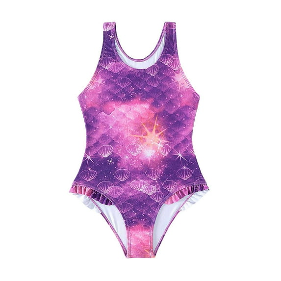 MEZZALL Girls Monokini Swimsuit Vacation Hawaii Beachwear With Purple Starlight Scallop Fish Scale Skirt Beach & Swimming Rash Guard, Purple, 5-6 Years