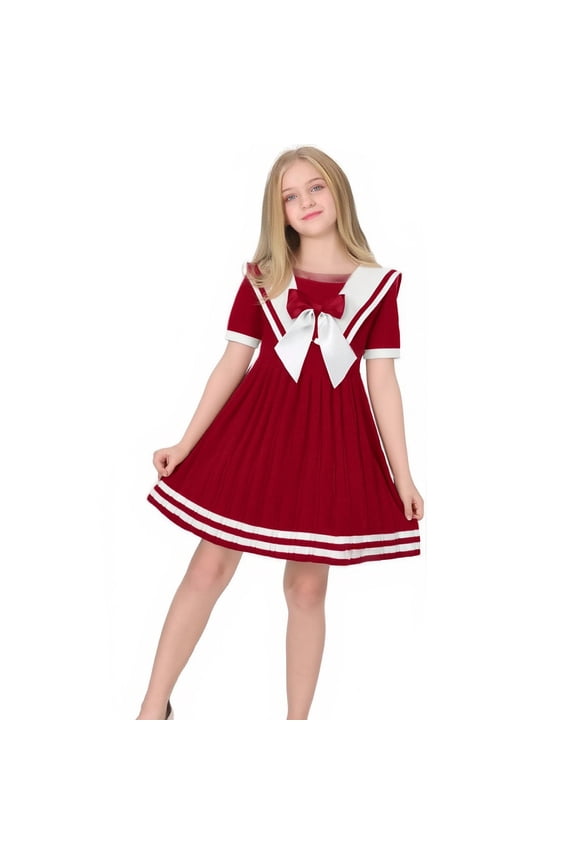 Girls Nautical Sailor Dresses School Casual Dress Kids Toddler Baby Spring Summer Print Short Sleeve Tops Student Skirts Outfits Clothes Birthday Child Crew Neck Solid Color Party Sundress