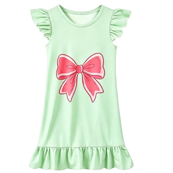 MEZZALL Girls Nightgown Soft Breathable Ruffle Fly Sleeve Bowknot Print Ruffle Hem Loose Fit Kids Sleep Dress Casual O-Neck Home Nightwear Pajama Dress Holiday Dresses