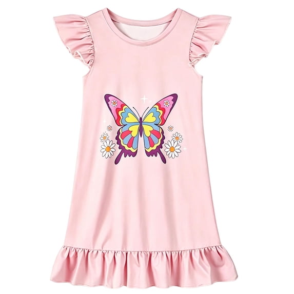 MEZZALL Girls Nightgown Soft Breathable Ruffle Fly Sleeve Cute Butterfly Print Ruffle Hem Loose Fit Kids Sleep Dress Casual O-Neck Home Nightwear Pajama Dress Fashionable Dresses
