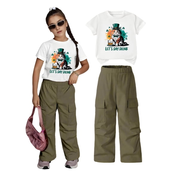 MEZZALL Girls Outfit Sets Short Sleeve Tops And Cargo Shorts Two Piece Playwear With Cute Cartoon Print Breathable Casual Versatile Kids Outfit Sets Everyday Wear
