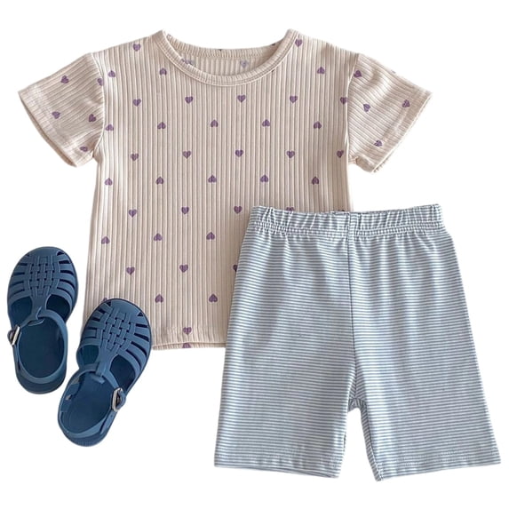 MEZZALL Girls Outfits Set Summer Casual Toddler Kids Clothes Heart Print T Shirt Striped Shorts Air Conditioning Outfits For Daily Wear For 1-8 Years Old Fashionable Clothing