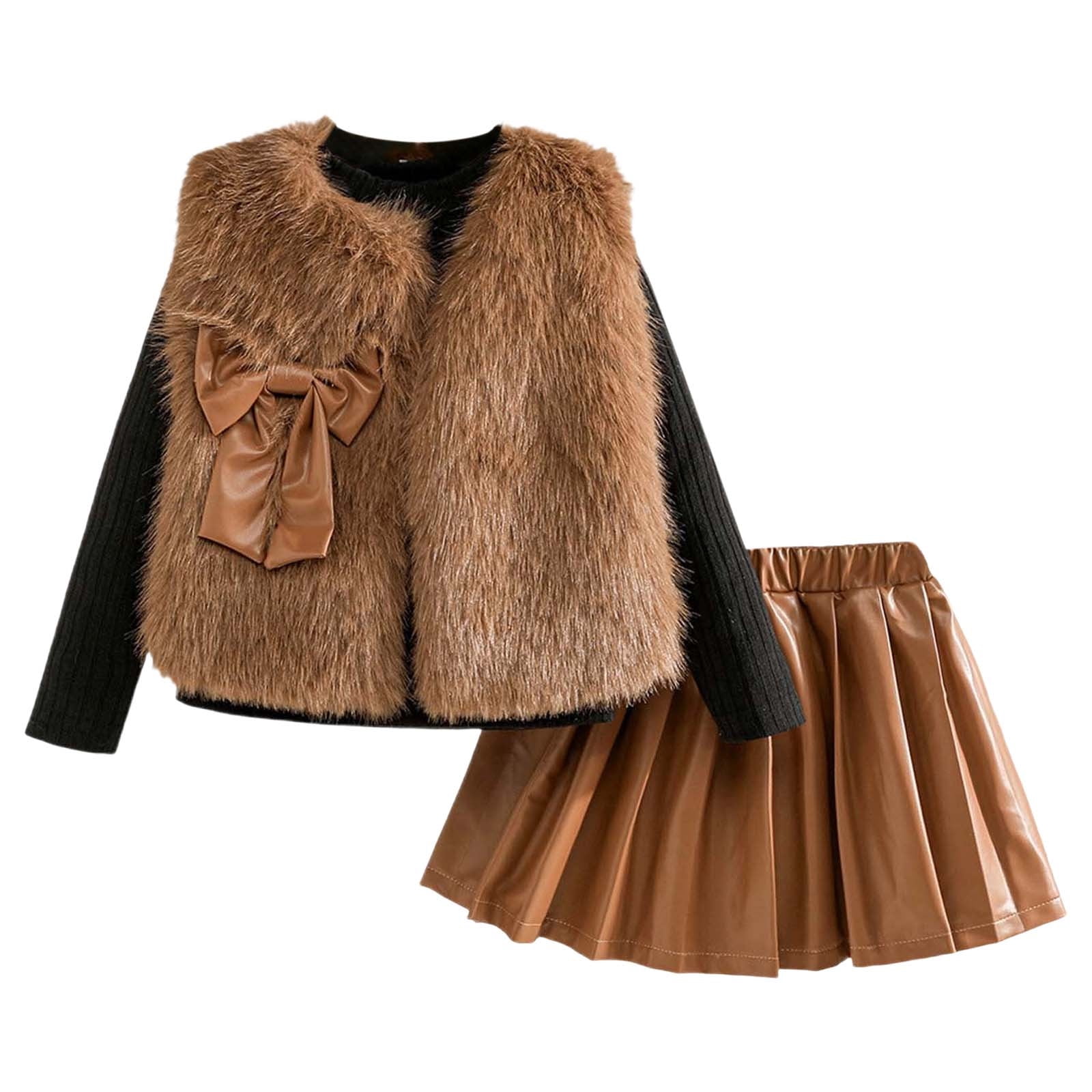 MEZZALL Girls Outfits Set Vest Long Sleeve Round Neck Tops PU Leather Pleated Skirt 3 Piece Outfits For Toddler Kids Fashionable Cartoon Clothing