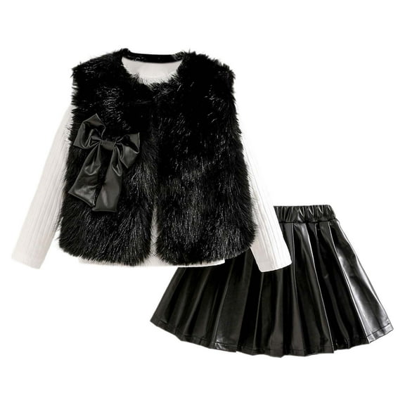 MEZZALL Girls Outfits Set Vest Long Sleeve Round Neck Tops PU Leather Pleated Skirt 3 Piece Outfits For Toddler Kids Holiday Cartoon Clothing