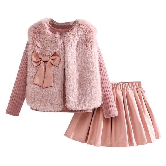 MEZZALL Girls Outfits Set Vest Long Sleeve Round Neck Tops PU Leather Pleated Skirt 3 Piece Outfits For Toddler Kids Leisure Cartoon Clothing