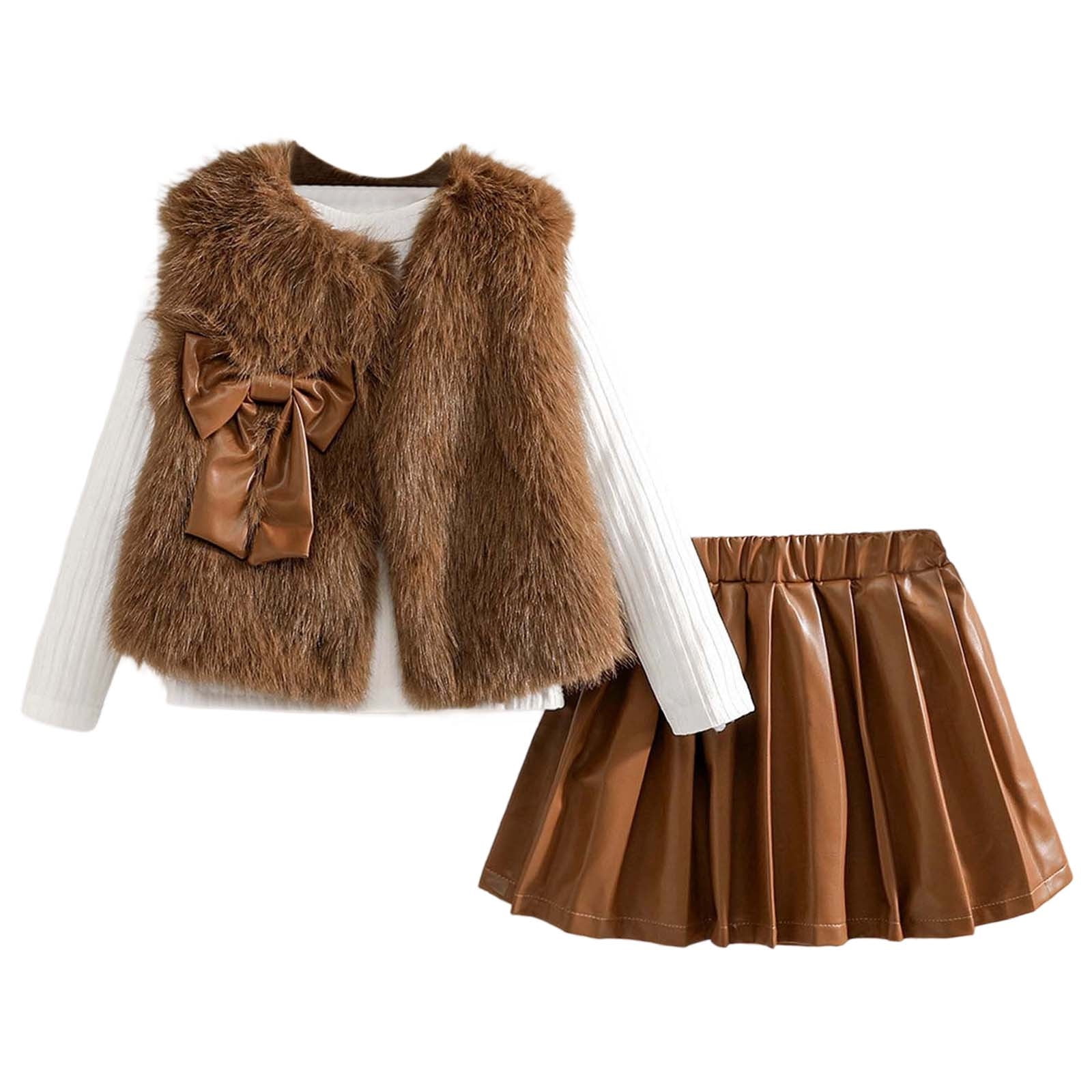 MEZZALL Girls Outfits Set Vest Long Sleeve Round Neck Tops PU Leather Pleated Skirt 3 Piece Outfits For Toddler Kids Versatile Cartoon Clothing