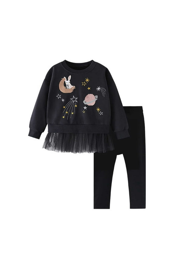 Girls Outfits Sets 2 10 Years Winter Fall Long Sleeve Round Neck Printed Tops And Pants Casual Outfits For Toddler Kids Cozy Clothing