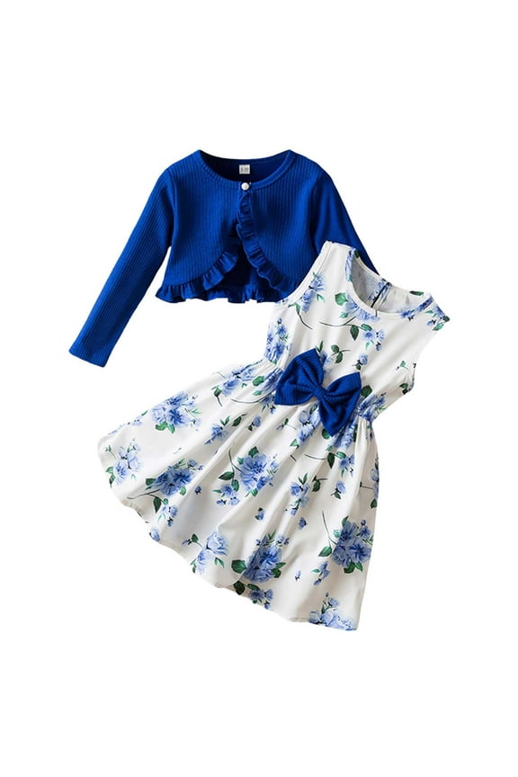 Girls Outfits & Sets Casual Beach School Party Wear Sleeveless Bow Print Dress With Solid Color Long Sleeve Ribbed Cardigan 2PCS Toddler Kids Clothes For 3 7 Years 4-5 Years Stylish Baby Wear