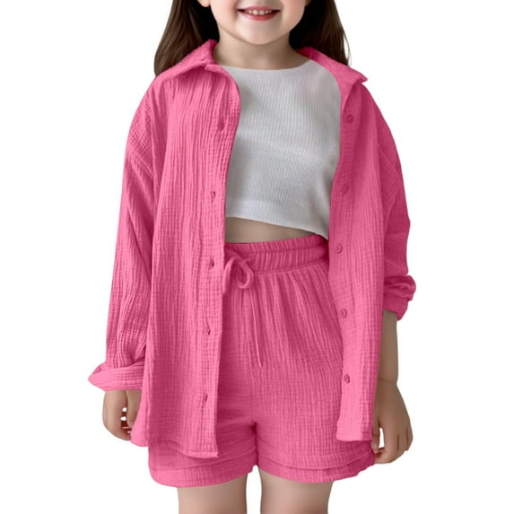 MEZZALL Girls Outfits Sets Casual Playwear School Summer Fall Toddler Kids Shirt Shorts Outfits Sets Comfortable Solid Color Turn Down Collar Elastic Waist Solid Color Dailywear Stylish / 13-14 Years