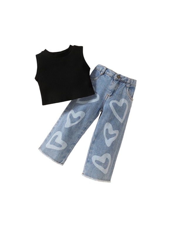 Girls Outfits Sets Toddler Baby Casual Summer Outfits Sleeveless Tank Tops O-Neck With Heart Denim Wide Leg Trousers Pants Travel Party Dress Comfy Elastic Waist Solid Color Dailywear Classic