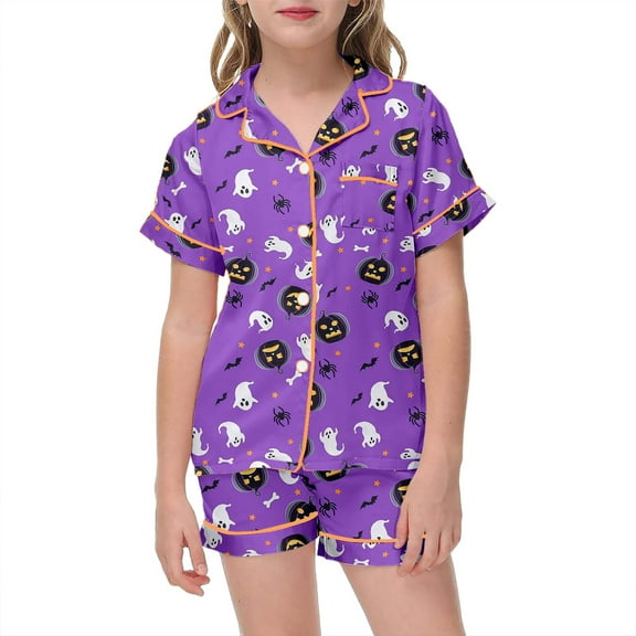 MEZZALL Girls Pajamas Sets Casual Round Neck Halloween Pumpkin Ghost Printed Tops And Pants Sleepwear For Child Kids Summer Fall Everyday Playwear Comfortable Soft Fabric Cozy Child Homewear