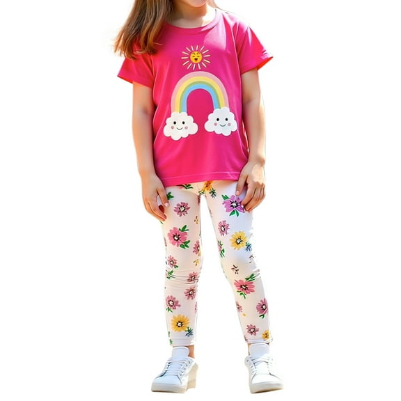 MEZZALL Girls Personality Fashion Cute Printed Short Sleeve Tops And Leggings Set, Hot Pink, 5-6 Years