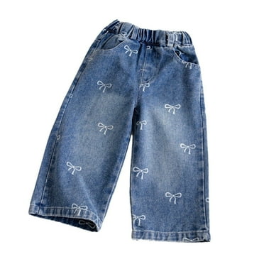 MEZZALL Girls Personality Fashion Pants Elastic Waist Wide Leg Jeans Casual Loose Pants With Pockets Breathable Toddler Dailywear, Blue, 4-5 Years