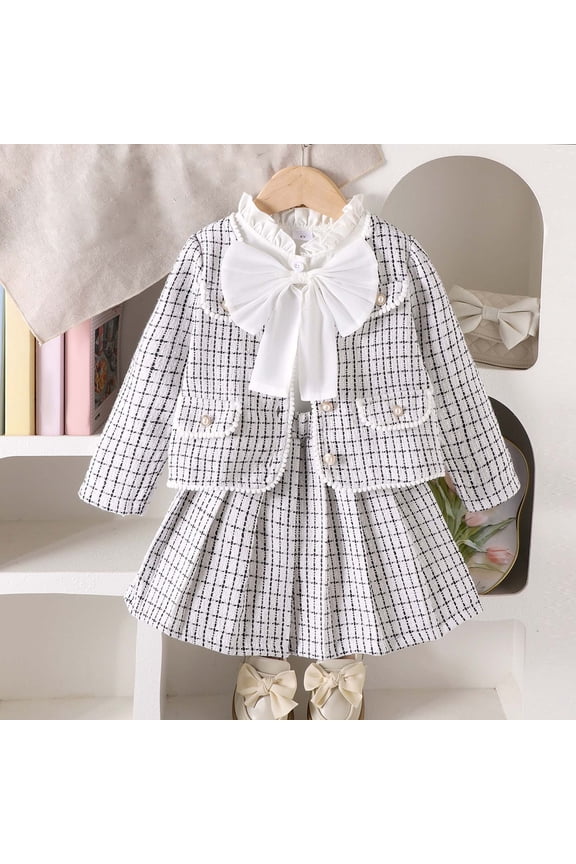 Girls Plaid Bow Tie Blouse With Pleated Skirt Classic Preppy Style Two Piece Outfits For School Photo Day And Versatile Clothing Sets