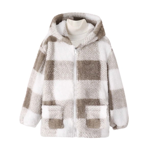 MEZZALL Girls Plaid Hooded Jacket Cozy Soft Warm Long Sleeve Outerwear Solid Color Toddler Kids Casual Winter Windproof Coats Stylish Child Streetwear