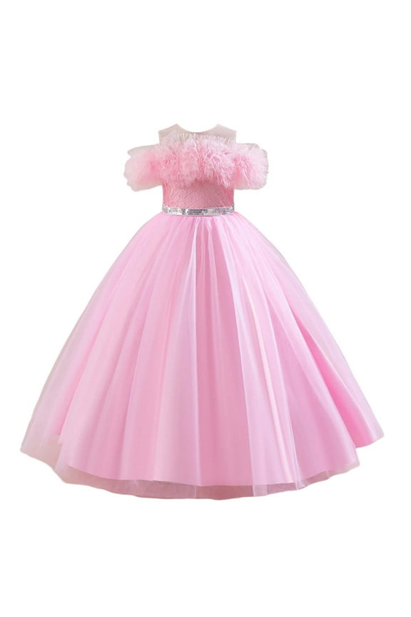 Girls Princess Evening Gown For Piano Recital & Flower Girl Dress With Lace Trim For Birthday Party Comfort Toddler Baby Wear 3-4Y