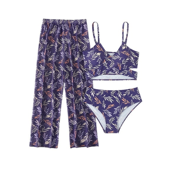 MEZZALL Girls' Printed Tie Dyeing Strap Floral Tops Short Pants And Long Pants 3pcs Swimsuit Bikini Sets 10Y Versatile Baby Swim Wear