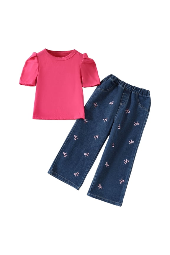 Girls Puff Sleeve Tee And Denim Pants Kids Elegant Sleeves T Shirt With Bow Jeans Comfortable 2 Piece Outfit Girls Cozy Children Fashion Clothes Sets