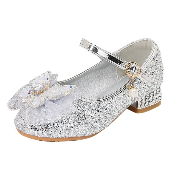 MEZZALL Girls Sandals Closed Toe Heels Wedding Party Shoes Sequins Bow For Toddler Lovely Footwear, Silver, 9.5-10 Years