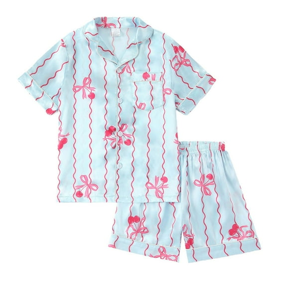 MEZZALL Girls Satin Pajama Short Sleeve Tops With Button Front And Comfortable Shorts Soft Silk Like Sleepwear Kids Solid Color Cozy Teen Nightwear
