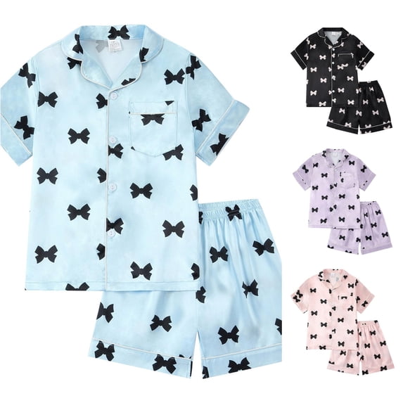 MEZZALL Girls Satin Pajamas Sets Short Sleeve Lapel Button Down Tops & Shorts Sleepwear Silk Feel Loungewear For Kids Comfortable Nightwear Birthday Homewear