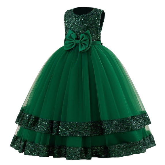 MEZZALL Girls Sequined Bow Princess Evening Gown Long Sleeve Party Dress For Birthday Pageant & Stage Performance Cozy Toddler Baby Wear 7-8Y