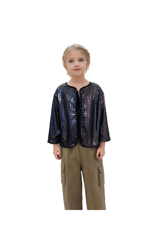 Girls Shiny Sequin Jacket Long Sleeve Lightweight Jackets Coat Club Party Tops Classic Toddler Dailywear, Black, 4-5 Years