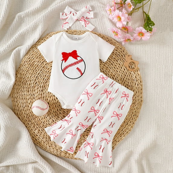 MEZZALL Girls Short Sleeve Baseball Embroider Romper Bodysuit Pants Outfits Trendy Party Clothing Sets