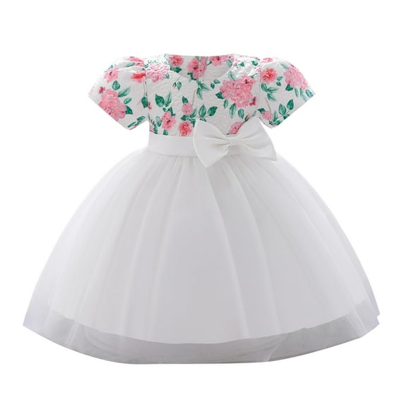 MEZZALL Girls Short Sleeve Bowknot Mesh Dress Fashion Festival Pageant Dress Comfort Newborn Sundress, White, 3-6 Months