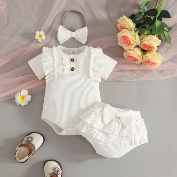 MEZZALL Girls Short Sleeve Ribbed Bodysuit Romper Bowknot Ruffles Shorts Headbands Outfits Comfort Party Clothing Sets