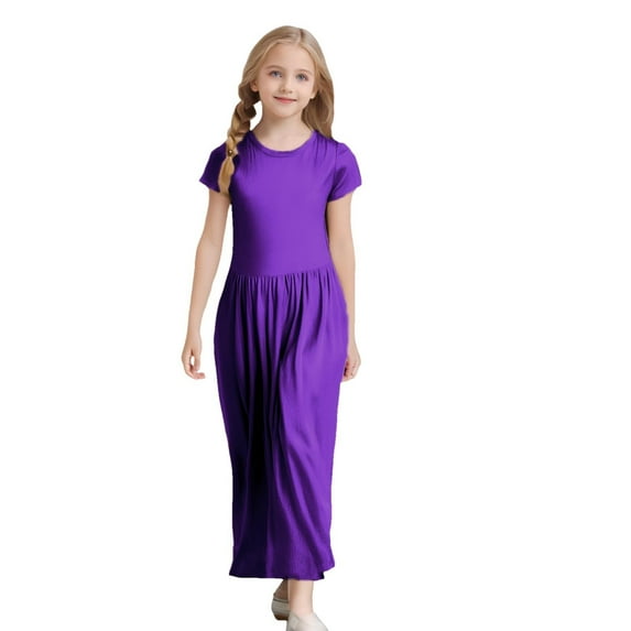 MEZZALL Girls Short Sleeve Solid Color Loose Casual Long Maxi Dress With Pockets Leisure Toddler Sundress, Purple, 4-5 Years