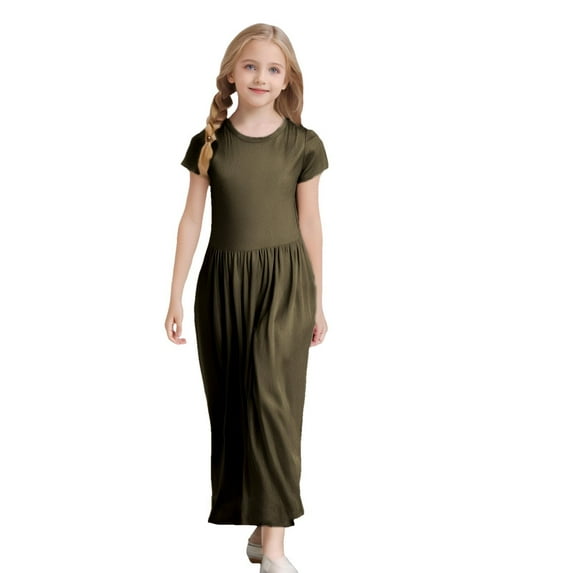 MEZZALL Girls Short Sleeve Solid Color Loose Casual Long Maxi Dress With Pockets Stylish Toddler Sundress, Army Green, 5-6 Years