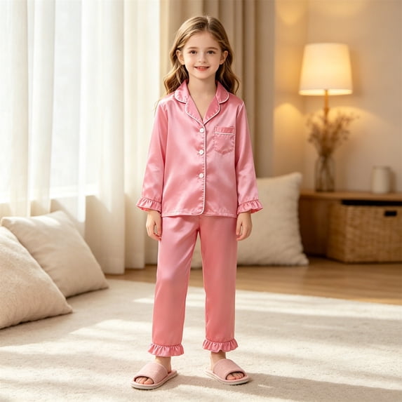 MEZZALL Girls Sleepwear Long Sleeve Pajama Sets Kids Open Front Cardigan Tops With Pants Soft Silk Like Autumn Loungewear Toddler Nightwear