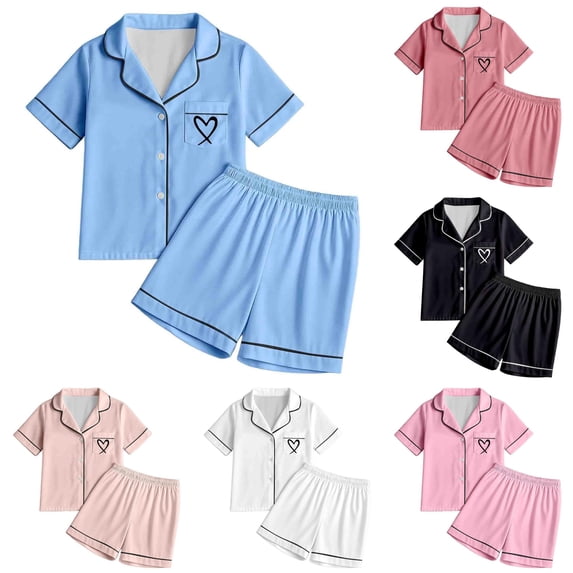 MEZZALL Girls Sleepwear Set 2pcs Tween Heart Print Lapel Short Sleeve Shirts Tops Shorts Pajamas Sets Soft Pajamas Sets Tops And Shorts Comfortable Loungewear For Kids Leisure Nightwear