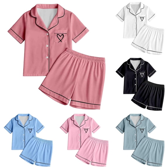 MEZZALL Girls Sleepwear Set 2pcs Tween Heart Print Lapel Short Sleeve Shirts Tops Shorts Pajamas Sets Soft Pajamas Sets Tops And Shorts Comfortable Loungewear For Kids Cozy Nightwear