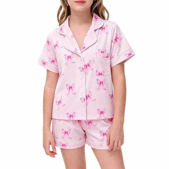MEZZALL Girls Sleepwear Short Sleeve Bowknot Printed Lapel Blouse Pajamas Sets Tops With Elastic Waist Shorts Two Piece Loungewear For Kids Comfort Nightwear