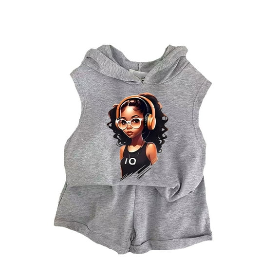 MEZZALL Girls Sleeveless Hooded Outfits Tops And Shorts 2PCS Set Summer Sweatsuits Casual Sports Suit, Grey, 5-6 Years