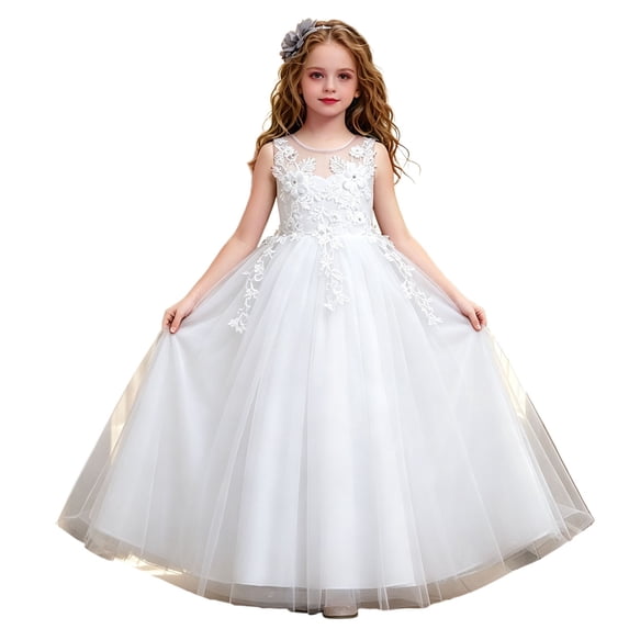 MEZZALL Girls Sleeveless Long Dress Kids Petal Gown Solid Color Mesh Formal Party Wear Ballet Birthday Tutu Stylish Dresses