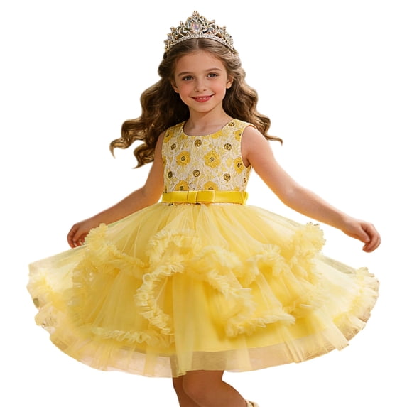 MEZZALL Girls Sleeveless Party Dress Tiered Gown Girl Formal Occasion Tutu Dress O-Neck Flower Printed Adorable Dresses