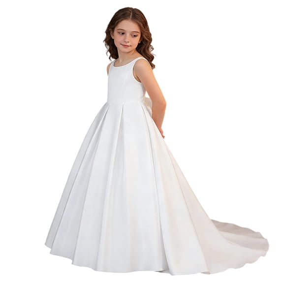 MEZZALL Girls Sleeveless Satin Wedding Dress Pageant Gown With Back Bow And Sash Cute Dresses
