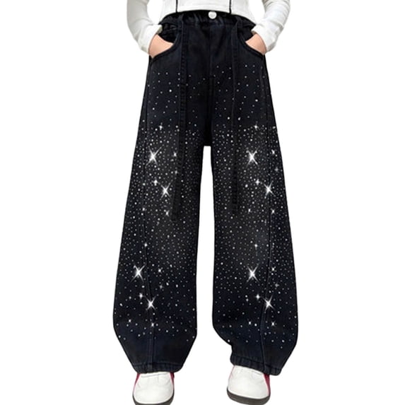 MEZZALL Girls Starry Rhinestone Denim Jeans For Kids Casual Pants, 6-7 Years